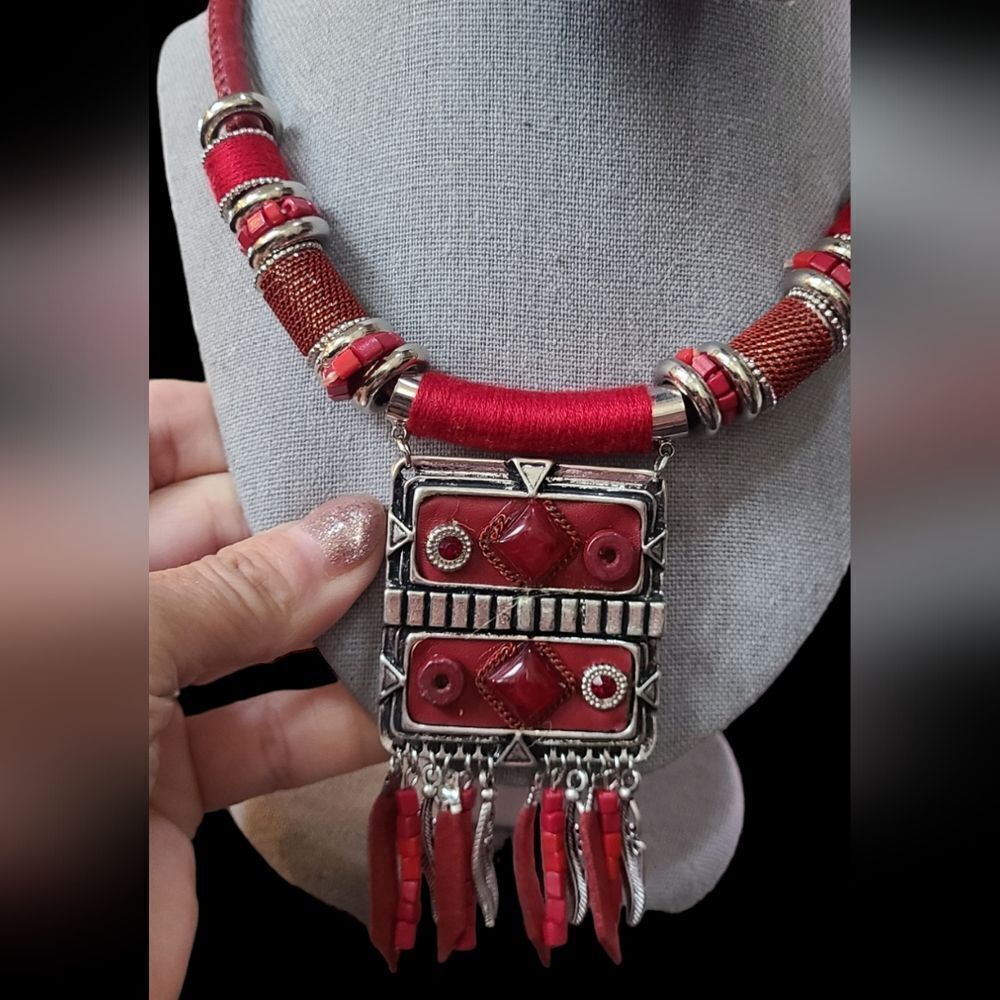 Paris Necklace Ethnic Tribal Statement Solid Reversible Red‎ & Silver